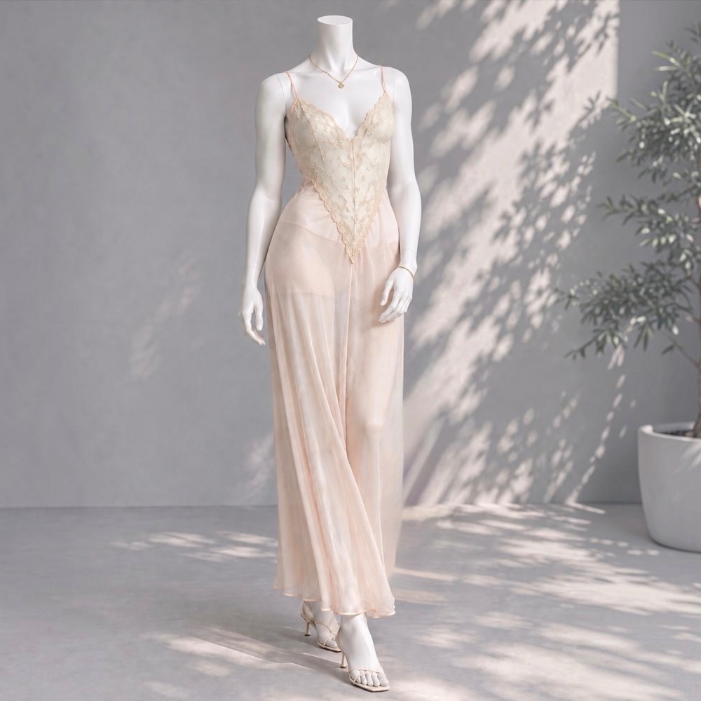 JCPenney Vintage 70s 80s Slip Dress XXL Pink Lace Sheer Long Nightgown USA
